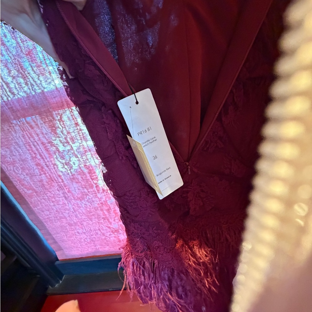 Elegant Burgundy Lace and Feather Floor-Length Long-Sleeve Maxi Dress BNWT 36 - Picture 5 of 7